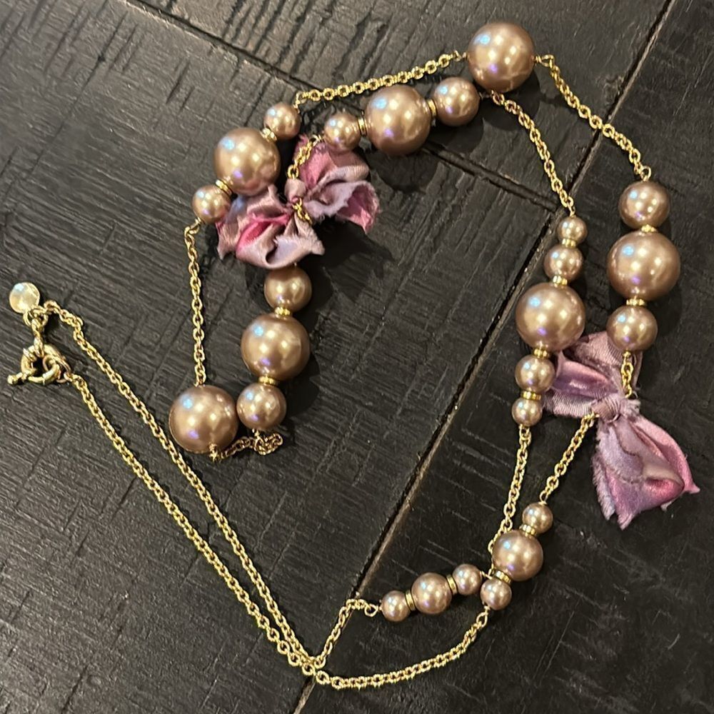 J. Crew Purple Ribbon Bow Pearl Metal Sphere Gold Chain Necklace